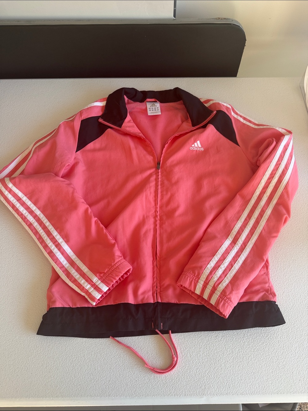 Women’s Adidas Pink and Black Three-Stripe Windbreaker Jacket